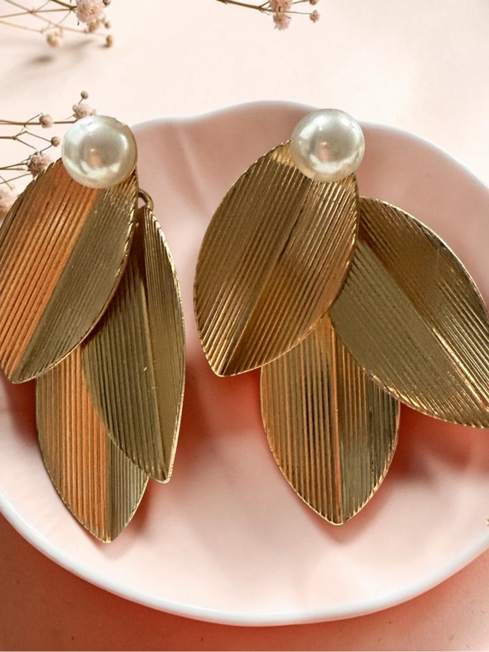 Gold Leaf Pearl Drop Earrings
